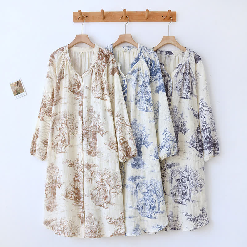 Camicia da notte in garza di cotone con stampa toile