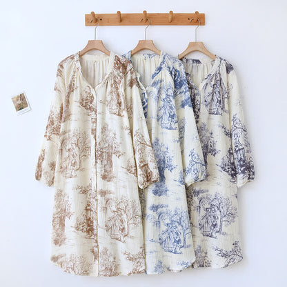 Camicia da notte in garza di cotone con stampa toile