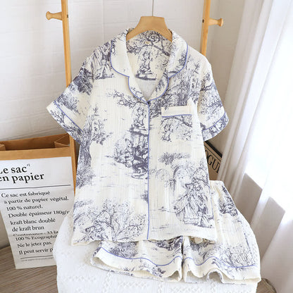 Completo da notte in garza di cotone con stampa toile