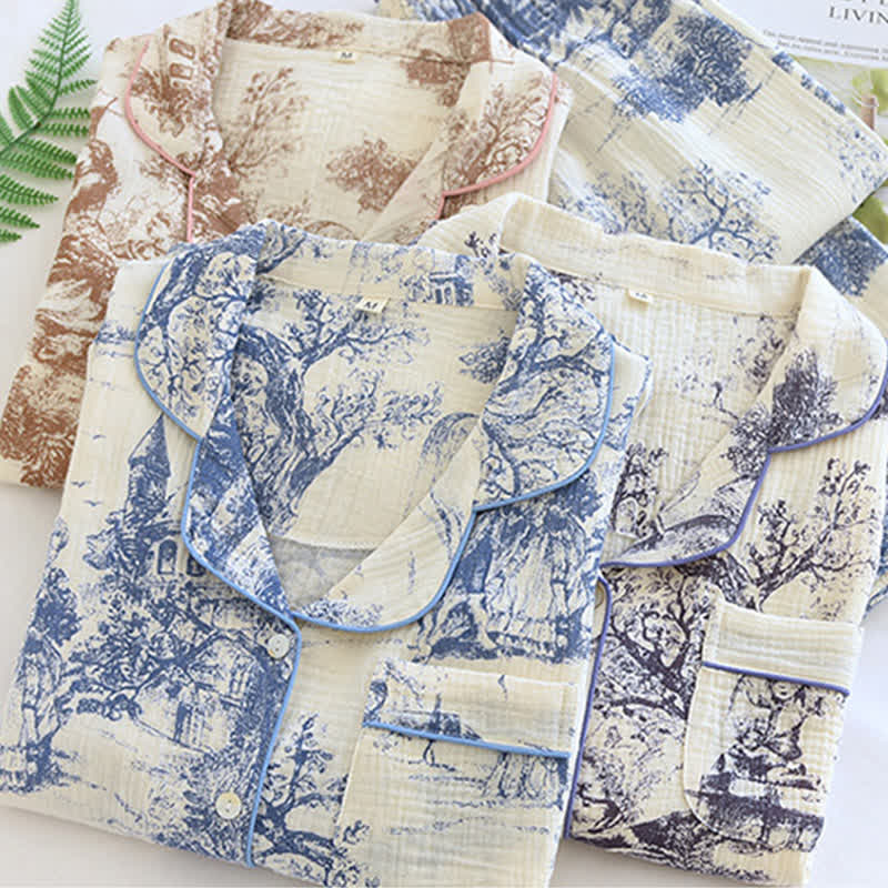 Loungewear in garza di cotone con stampa toile de chine lavata