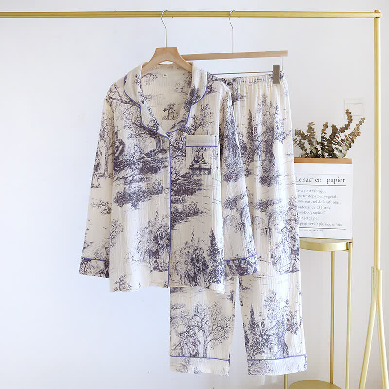 Loungewear in garza di cotone con stampa toile de chine lavata