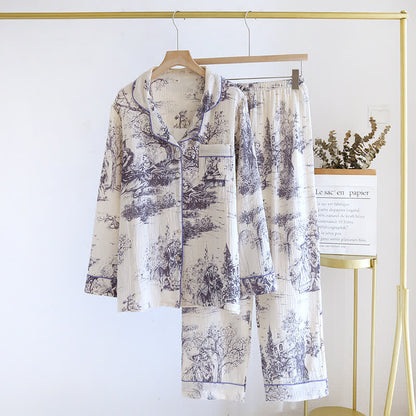 Loungewear in garza di cotone con stampa toile de chine lavata