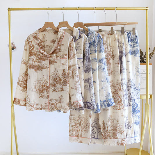 Loungewear in garza di cotone con stampa toile de chine lavata