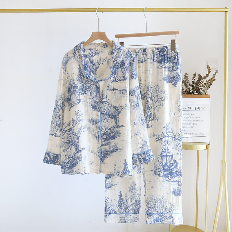 Loungewear in garza di cotone con stampa toile de chine lavata