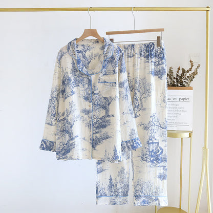 Loungewear in garza di cotone con stampa toile de chine lavata
