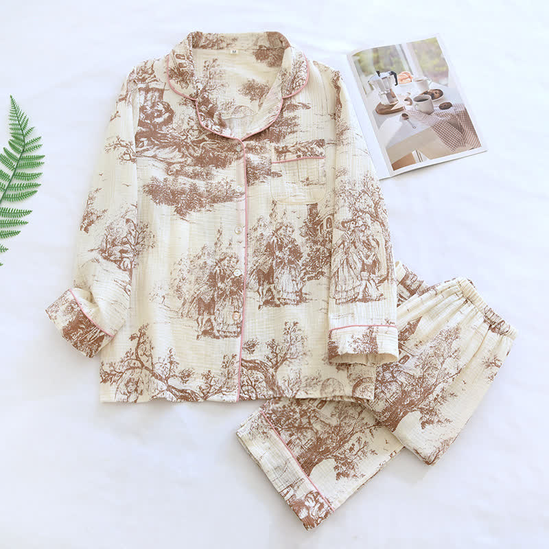 Loungewear in garza di cotone con stampa toile de chine lavata