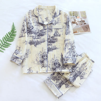 Loungewear in garza di cotone con stampa toile de chine lavata