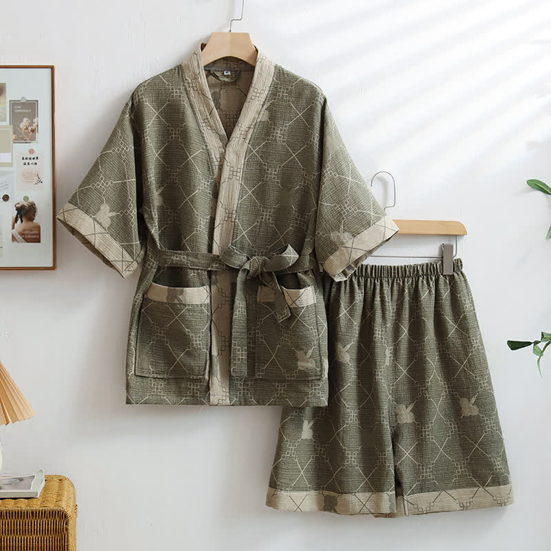 Kimono unisex in cotone con griglia verde da casa