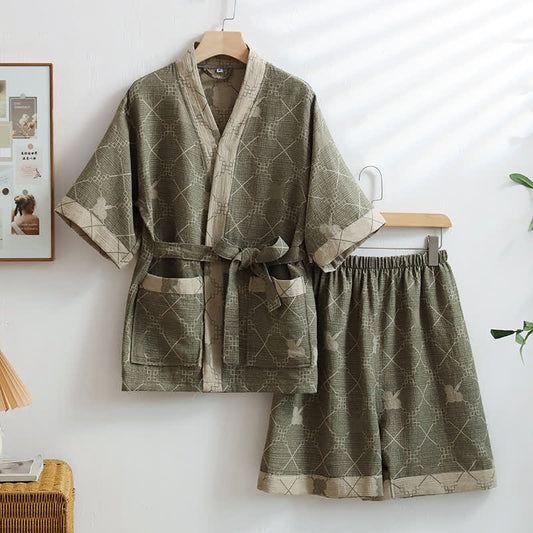 Kimono unisex in cotone con griglia verde da casa