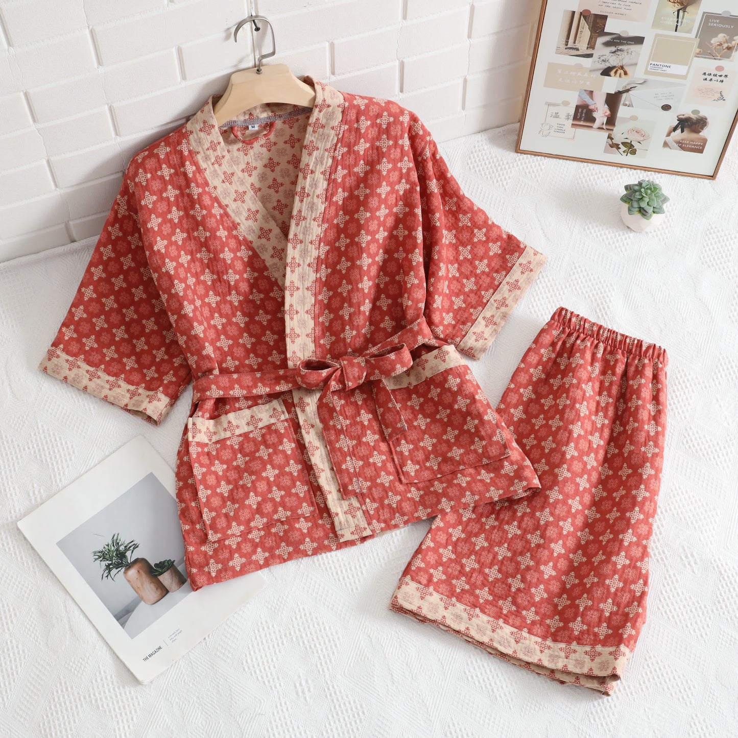 Kimono unisex in cotone geometrico rosso da casa - image 2