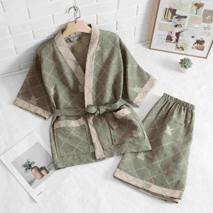 Kimono unisex in cotone con griglia verde da casa