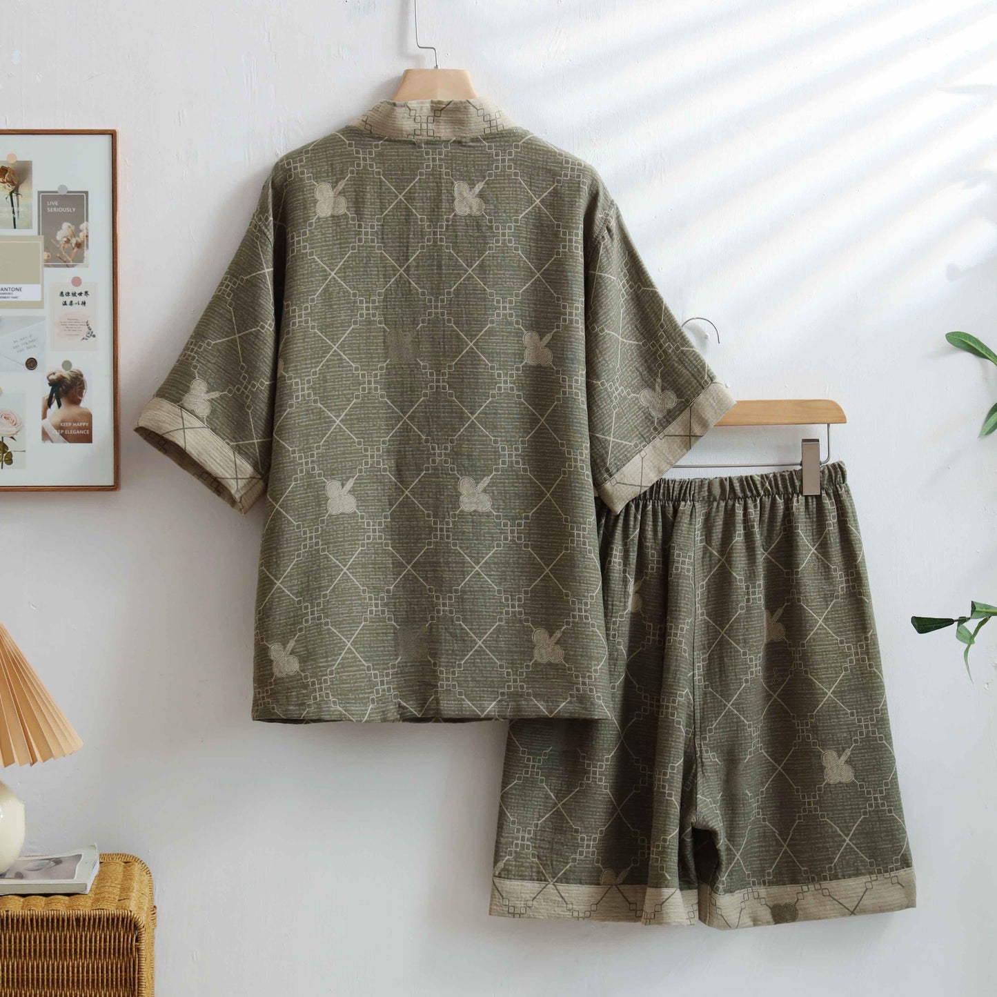 Kimono unisex in cotone con griglia verde da casa
