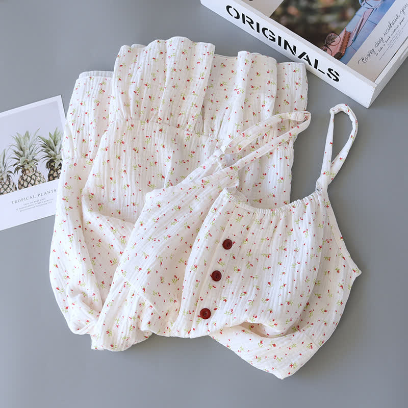 Camicia da notte in garza di cotone a fiori rossi