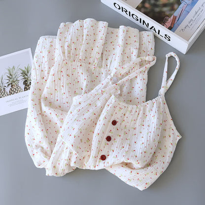Camicia da notte in garza di cotone a fiori rossi
