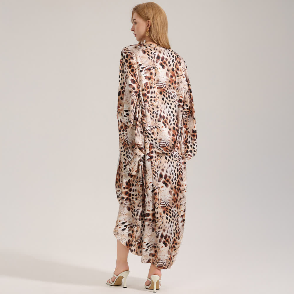 Kimono con stampa leopardata marrone artistica