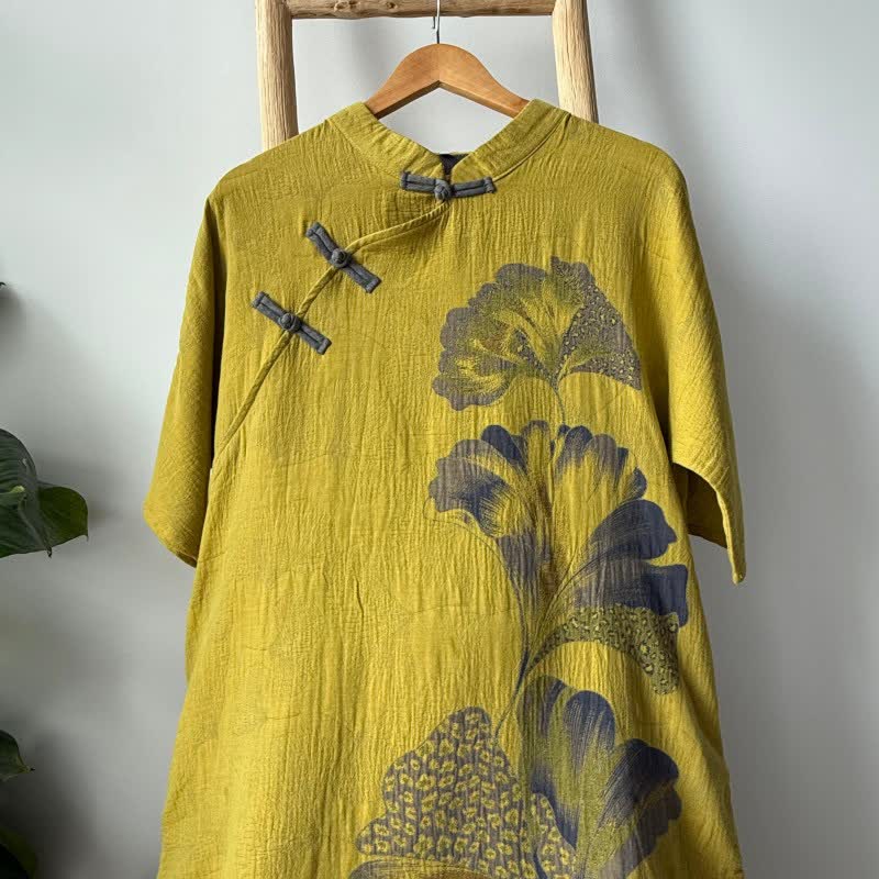 Camicia da notte cheongsam in cotone con stampa foglie di ginkgo