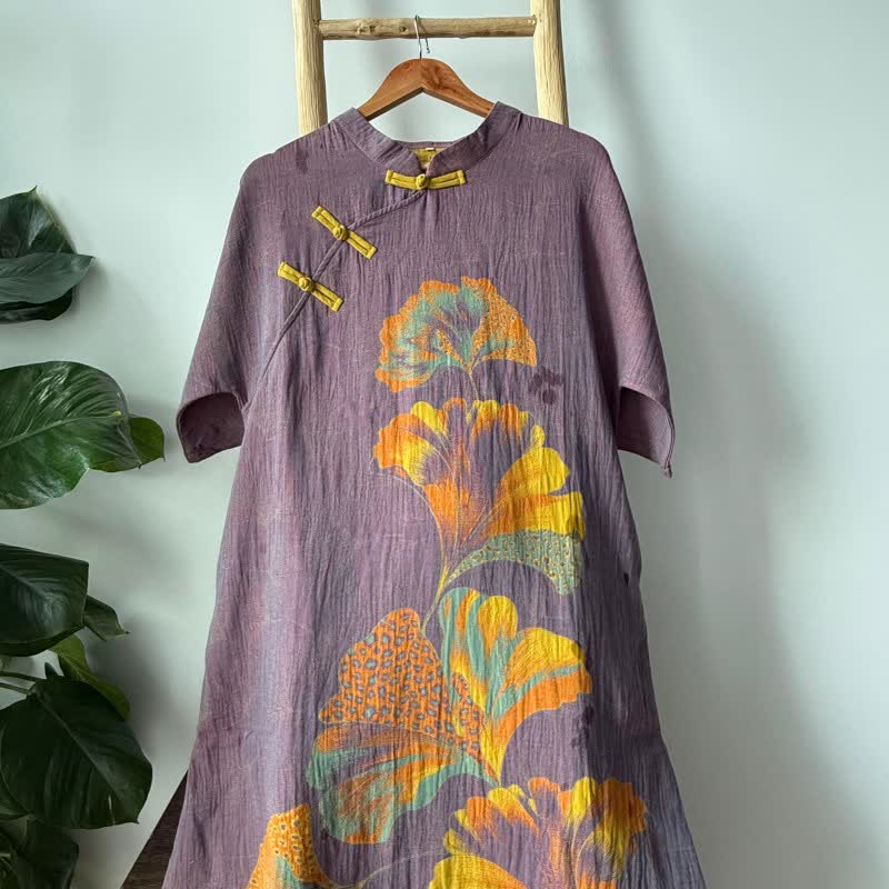 Camicia da notte cheongsam in cotone con stampa foglie di ginkgo