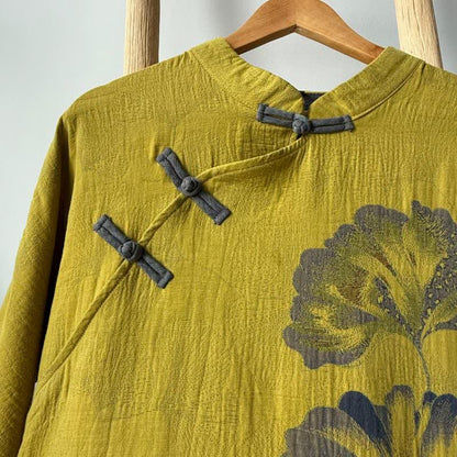 Camicia da notte cheongsam in cotone con stampa foglie di ginkgo