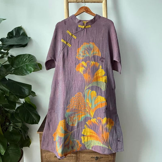 Camicia da notte cheongsam in cotone con stampa foglie di ginkgo