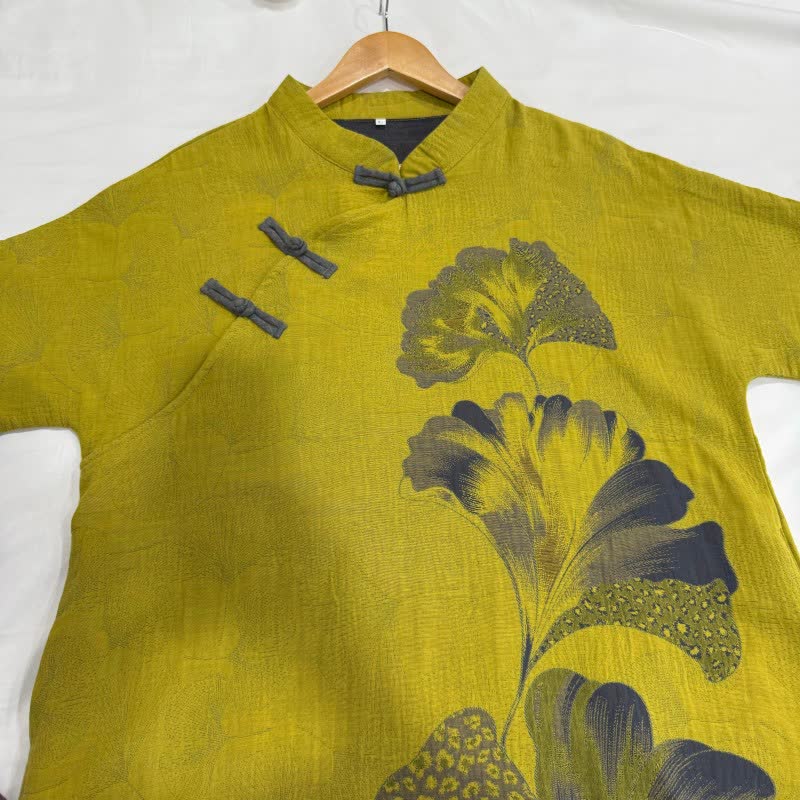 Camicia da notte cheongsam in cotone con stampa foglie di ginkgo