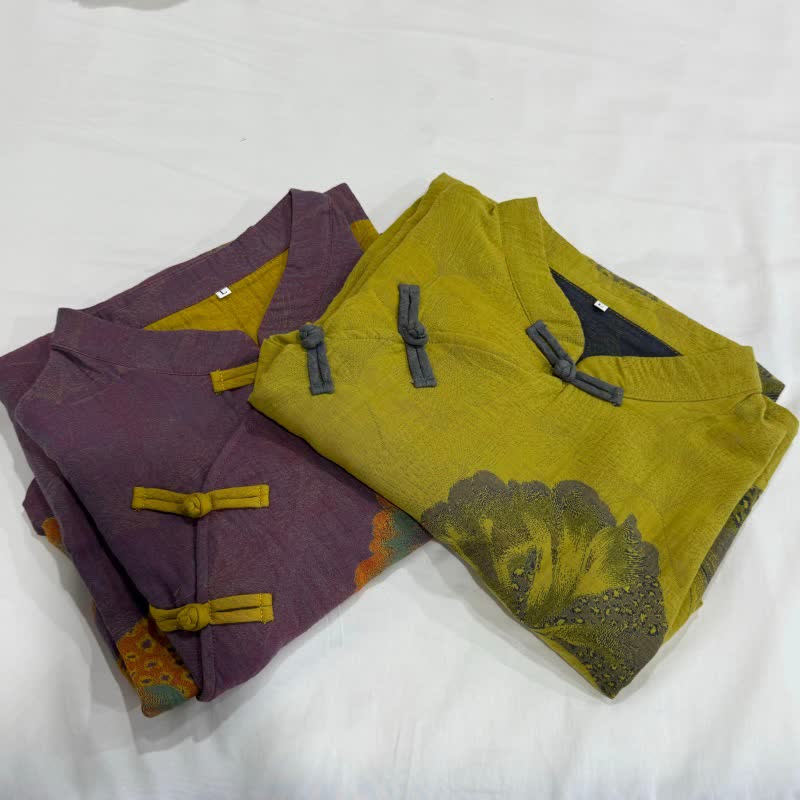 Camicia da notte cheongsam in cotone con stampa foglie di ginkgo