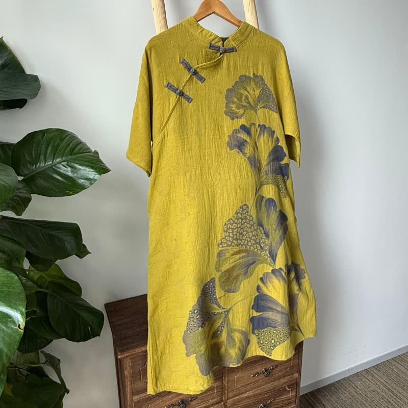 Camicia da notte cheongsam in cotone con stampa foglie di ginkgo