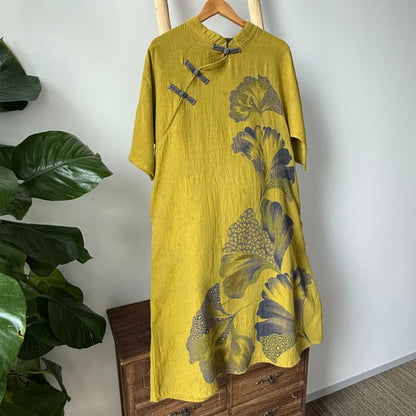 Camicia da notte cheongsam in cotone con stampa foglie di ginkgo