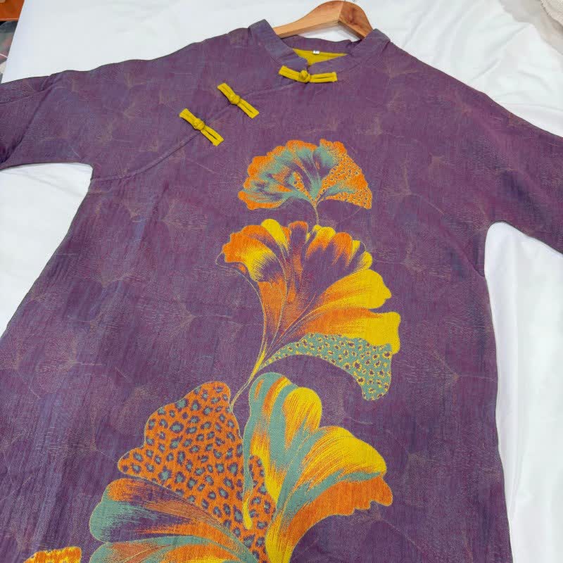 Camicia da notte cheongsam in cotone con stampa foglie di ginkgo
