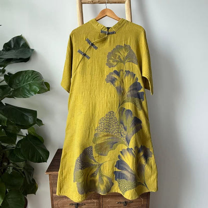 Camicia da notte cheongsam in cotone con stampa foglie di ginkgo