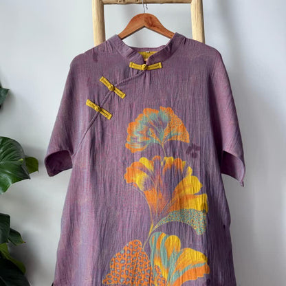 Camicia da notte cheongsam in cotone con stampa foglie di ginkgo