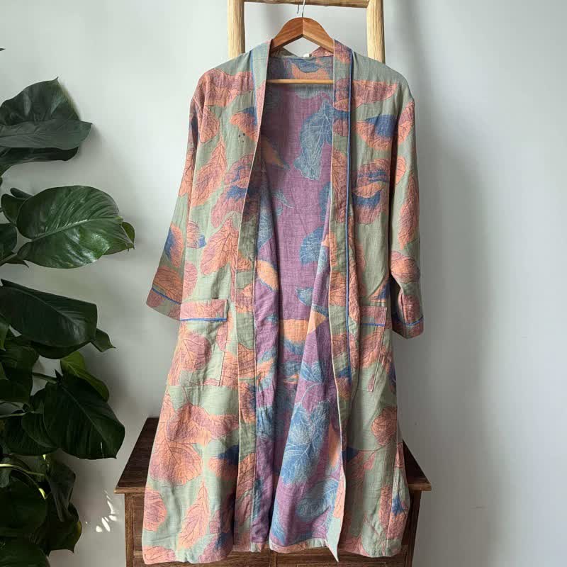 Kimono in cotone con stampa a foglie marroni