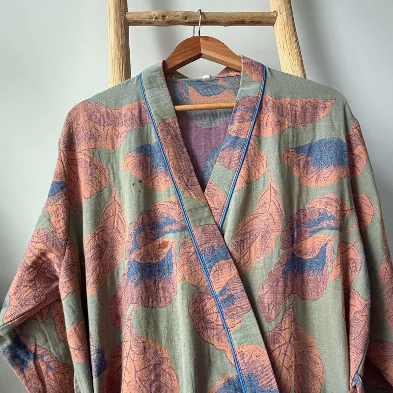 Kimono in cotone con stampa a foglie marroni
