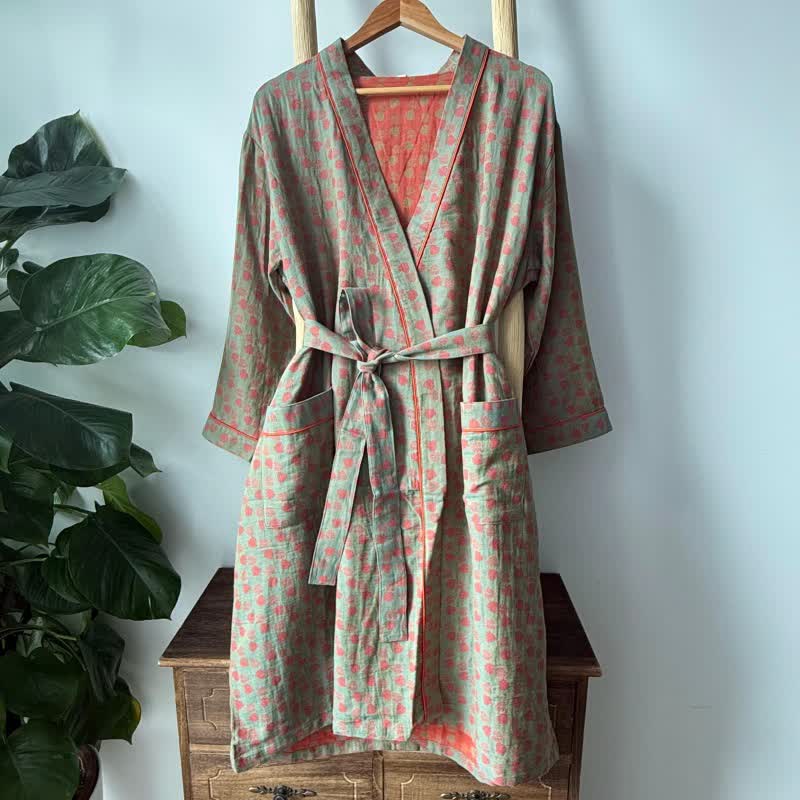 Kimono in cotone con stampa monstera arancione