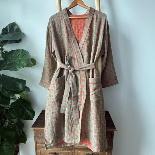 Kimono in cotone con stampa monstera arancione