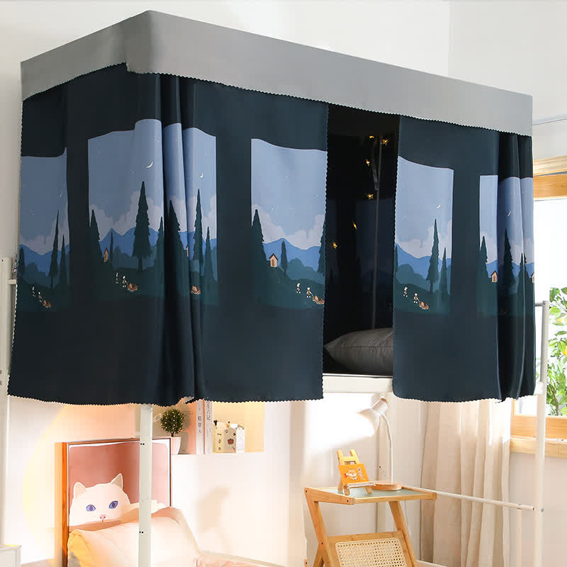 Tenda per letto a castello con stampa di montagna - 2 tende oscuranti con parte superiore - 140cm x 200cm x 2+115cm x 200cm - image 0