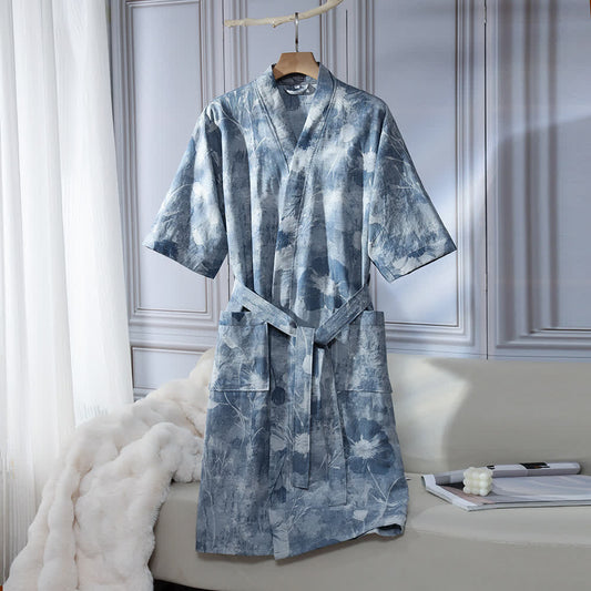 Accappatoio unisex in garza di cotone floreale blu