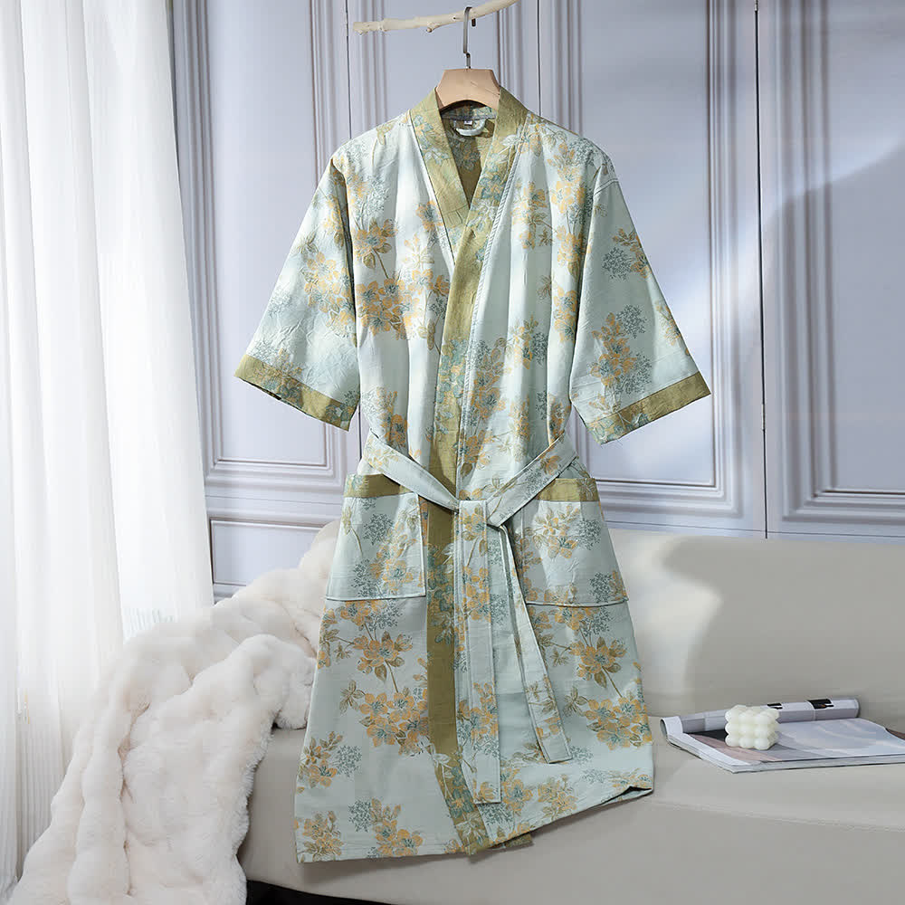 Accappatoio unisex in garza di cotone con motivo a fiori di pesco
