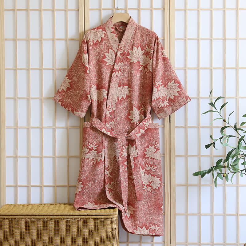 Kimono in garza di cotone con foglia d'acero