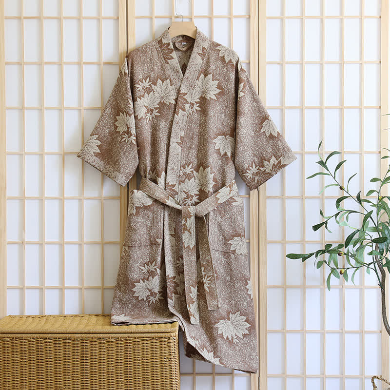 Kimono in garza di cotone con foglia d'acero