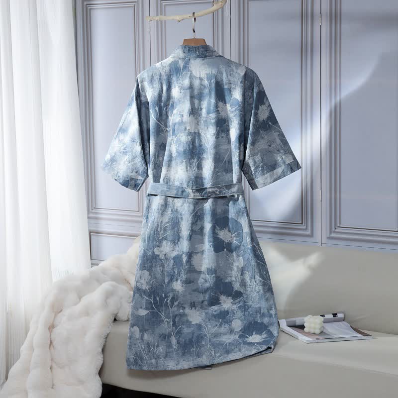 Accappatoio unisex in garza di cotone floreale blu
