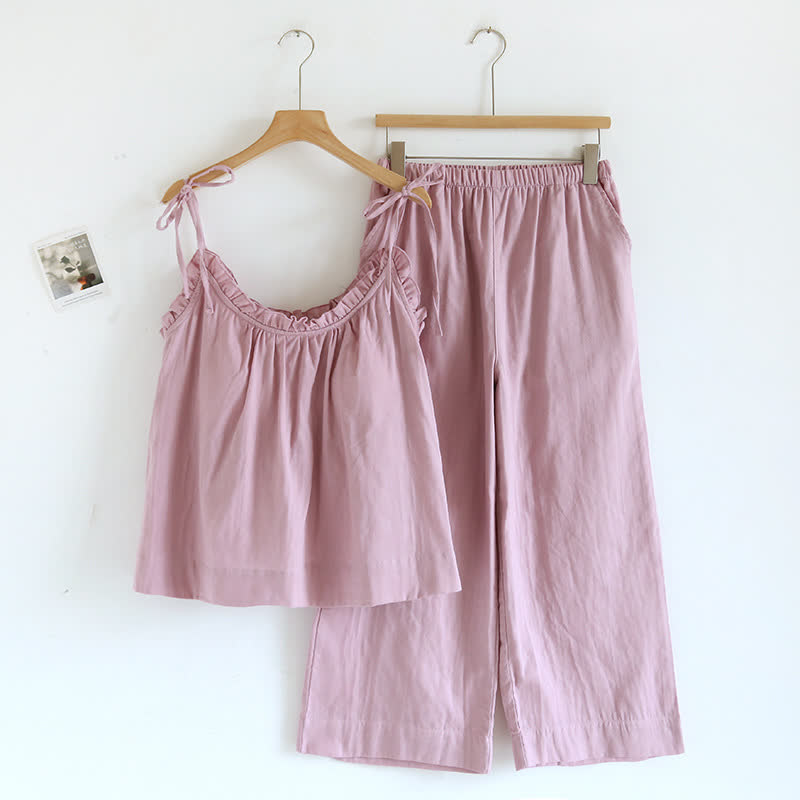 Pigiama intero in cotone a tinta unita con canotta e volant - Rosa - XL - image 16