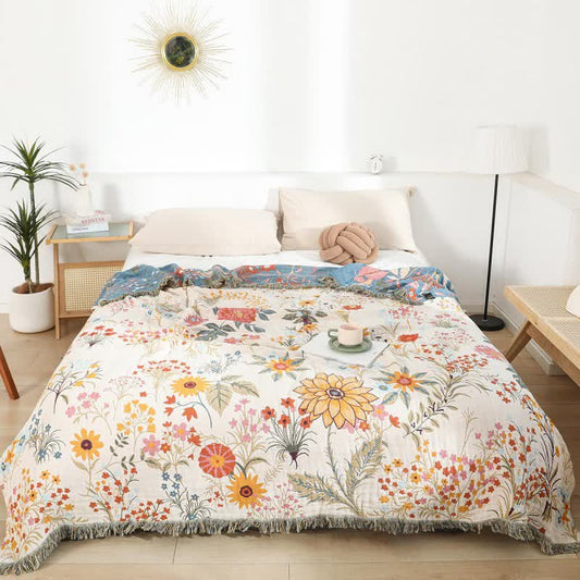 Trapunta reversibile in garza di cotone con motivo a girasole in fiore