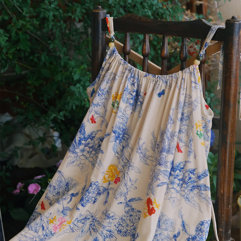 Camicia da notte a canotta in cotone floreale blu