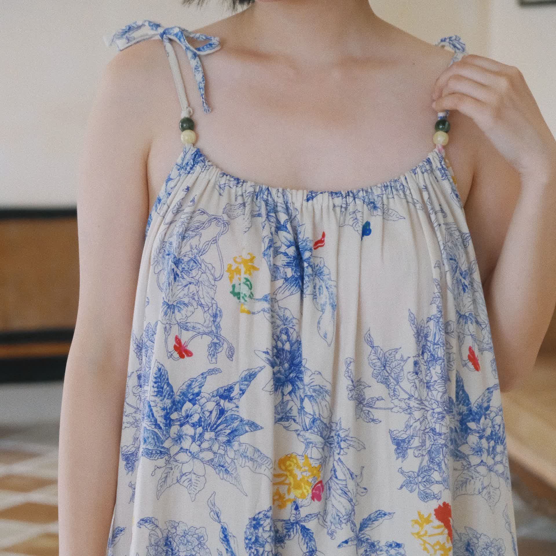 Camicia da notte a canotta in cotone floreale blu - image 3