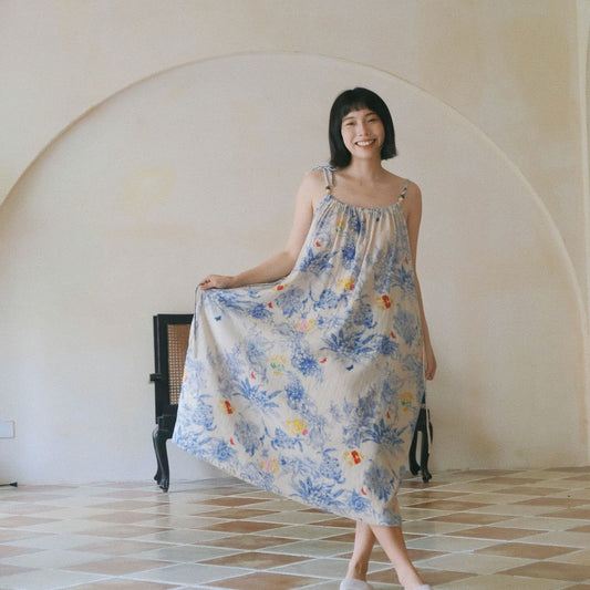 Camicia da notte a canotta in cotone floreale blu