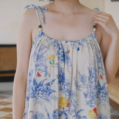 Camicia da notte a canotta in cotone floreale blu