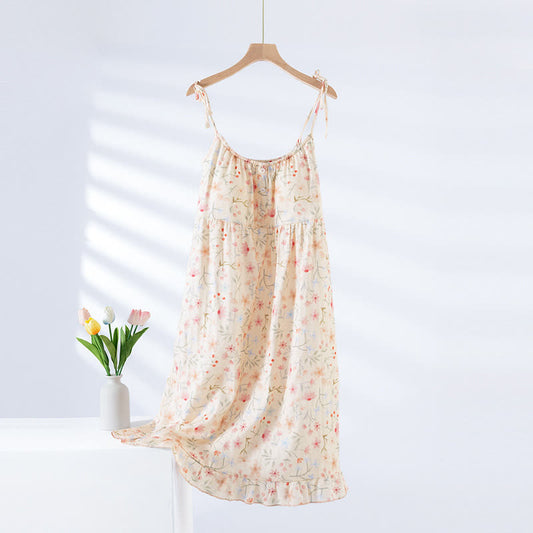 Camicia da notte imbottita in cotone con motivo a foglie floreali