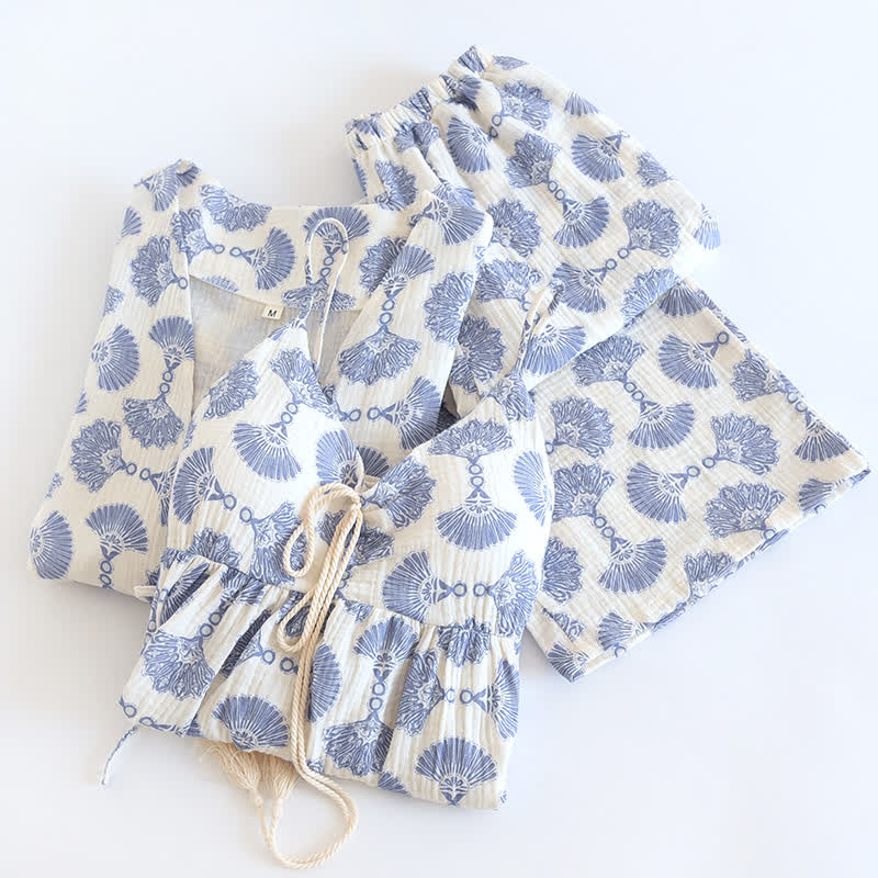 Completo da notte in cotone con stampa a ventaglio blu (3 pezzi)