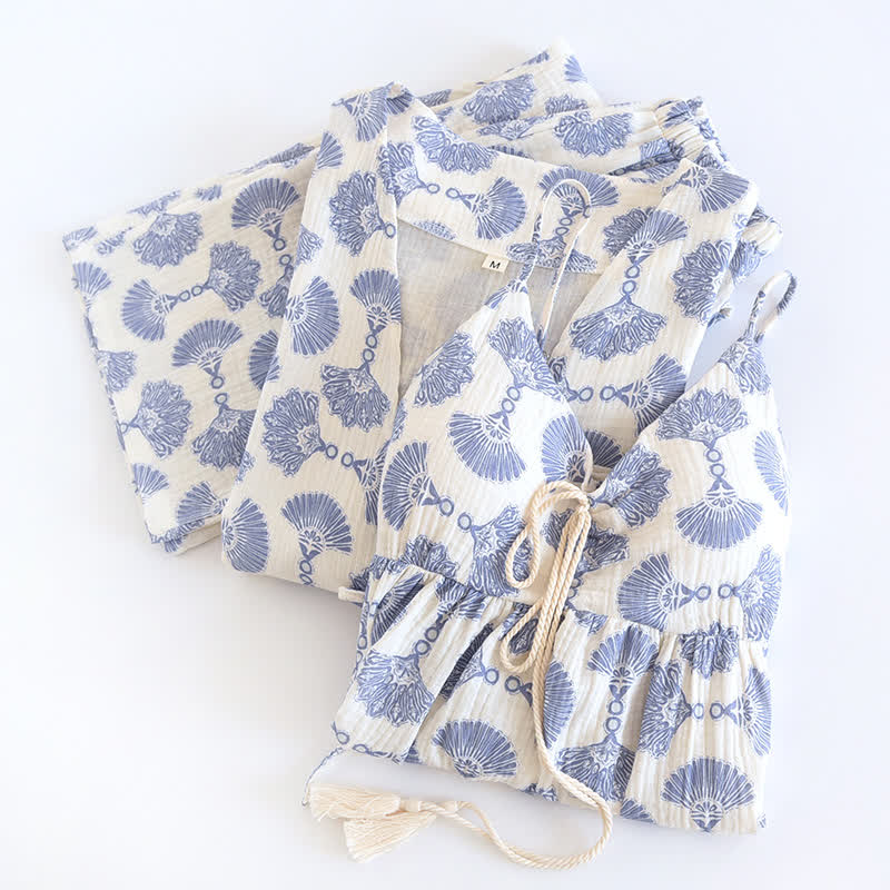Completo da notte in cotone con stampa a ventaglio blu (3 pezzi)