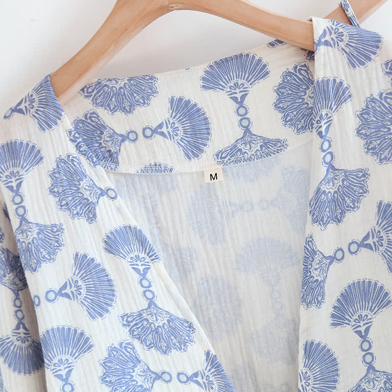 Completo da notte in cotone con stampa a ventaglio blu (3 pezzi)